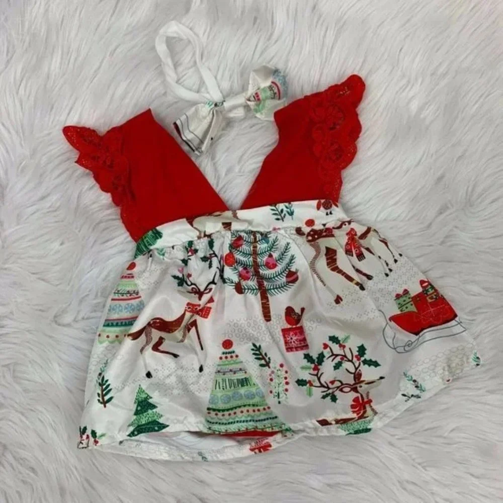 2pcs Baby Girl Christmas Romper Lace Dress and Headband Holiday Print 9-12mth.